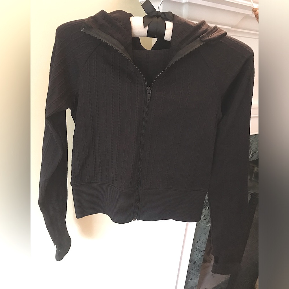 ALO Yoga Black Zip-Up Hooded Cable Knit Jacket